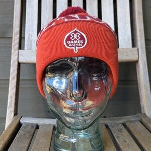 NWOT X Games Aspen Knit Pom Beanie Unisex Orange Red White Aspen Leaf Patch